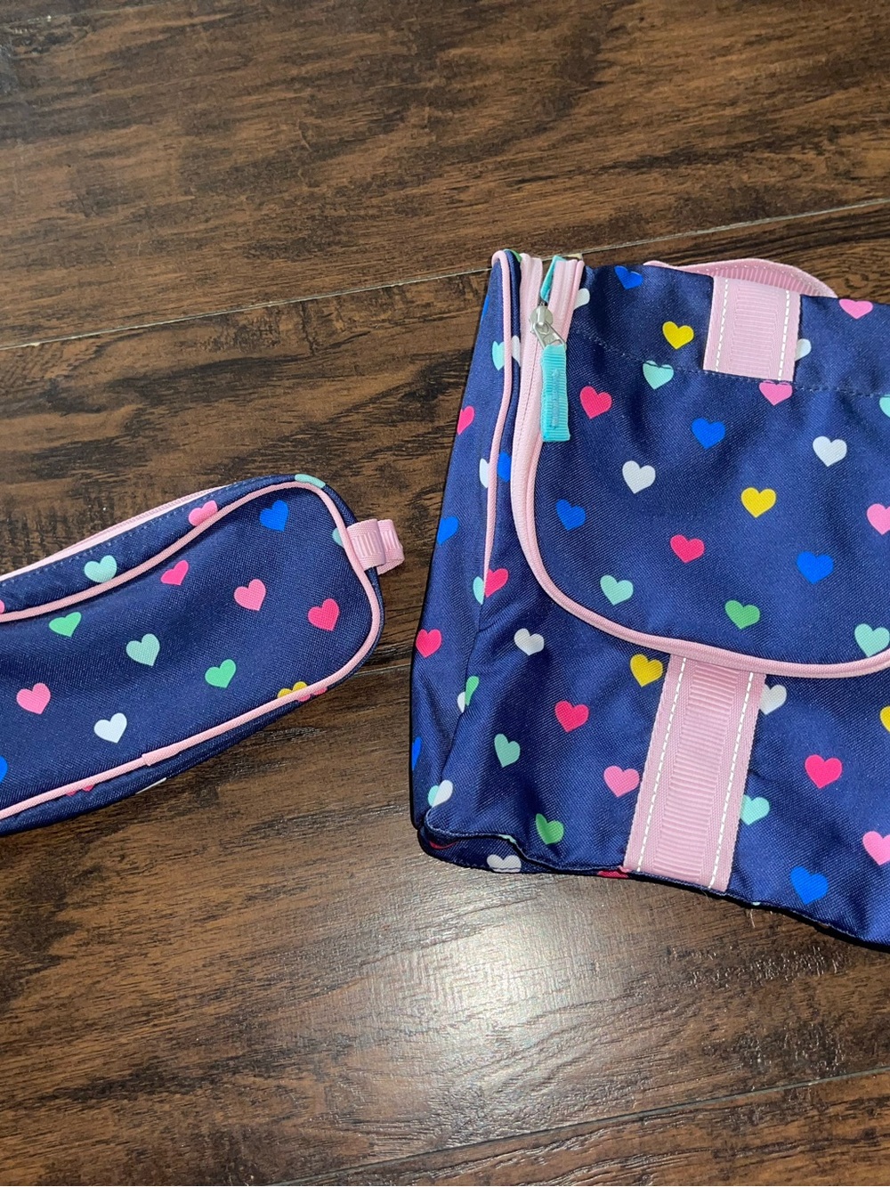 Pottery Barn Kids Navy Heart Print Lunch Bag with Pink Trim